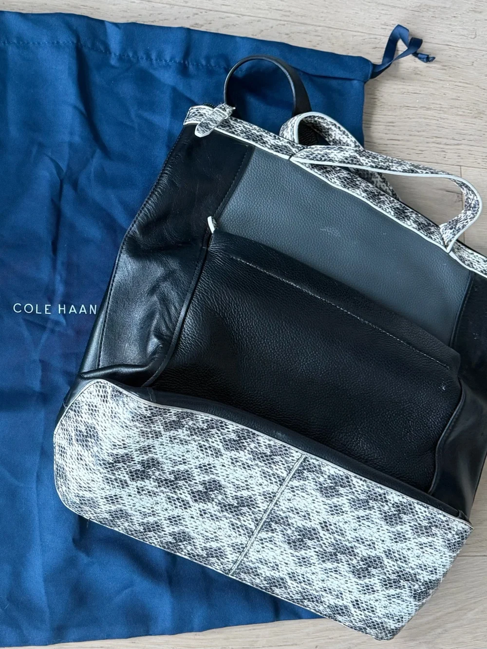 Cole Haan Black & Snake-Print Leather Tote Backpack with Dust Bag